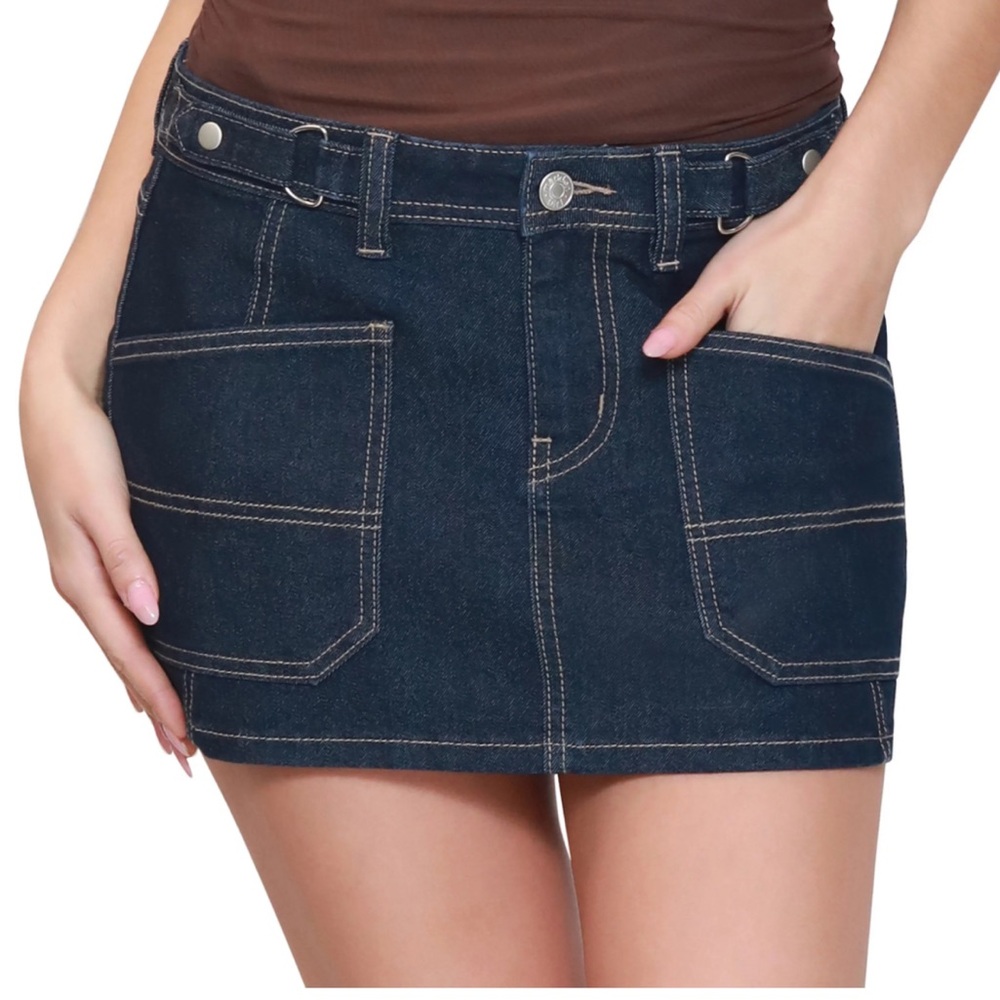 Madden Girl Dark Denim Mini Skirt with Contrast Stitching Pockets Hardware